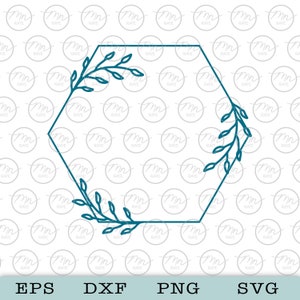 May include: A teal blue hexagonal frame with leafy floral accents on two corners. The frame is isolated on a white background.