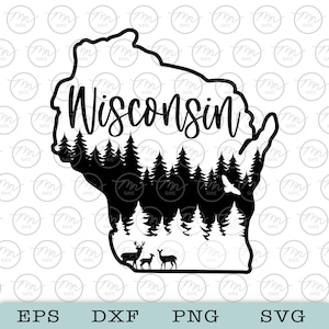 May include: Black and white silhouette of the state of Wisconsin with a forest scene inside the outline. The word "Wisconsin" is written in a stylized font above the forest. There are three deer silhouettes at the bottom of the image.