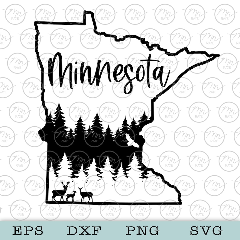 May include: Black and white silhouette of the state of Minnesota with a forest scene inside the outline. The word "Minnesota" is written in a stylized font above the forest. Two deer are standing in the bottom of the forest scene.