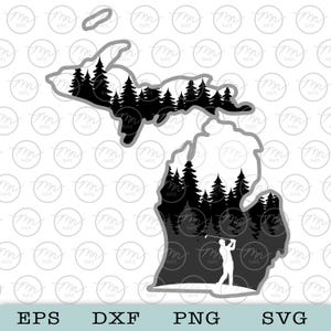 May include: A black and white graphic of the state of Michigan, featuring a forest silhouette and a golfer. The image includes the text "EPS", "DXF", "PNG", and "SVG" at the bottom.
