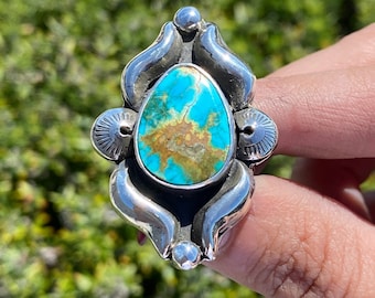 Rare 7 Dwarfs Turquoise and Sterling Silver Repousse Ring - 7