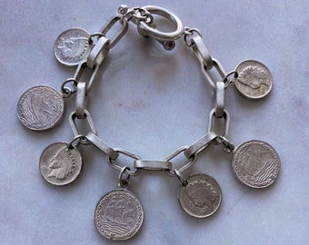 Vintage Silver Metal Link and Faux Coin Bracelet - M/L