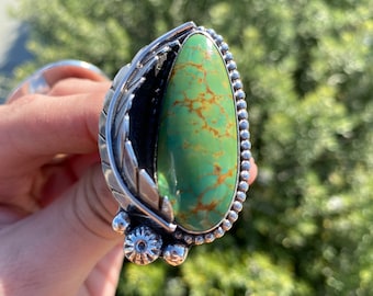 Leafy Kingman Gold Turquoise Ring - 7-7.25