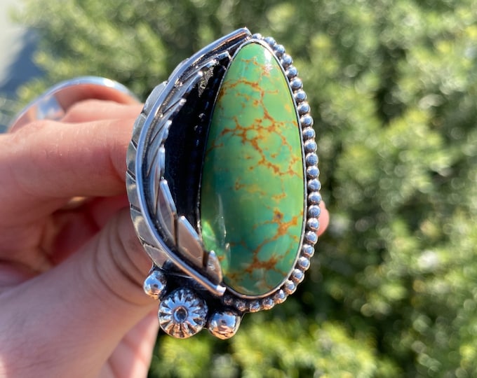 Featured listing image: Leafy Kingman Gold Turquoise Ring - 7-7.25