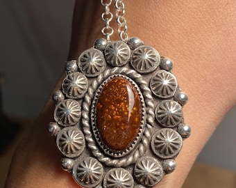 Mexican Fire Agate and Sterling Silver Pendant on 18” Rolo Chain
