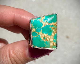 Kings Manassa Turquoise and Heavy Sterling Silver Stamped Band Ring - size 7