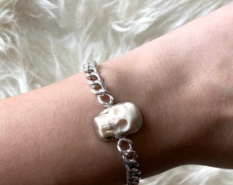 Sterling Silver Antique Albert Chain and Antler-Carved Skull Bracelet