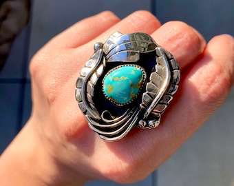 Thunderbird Turquoise and Sterling Silver Leafy Ring - 7