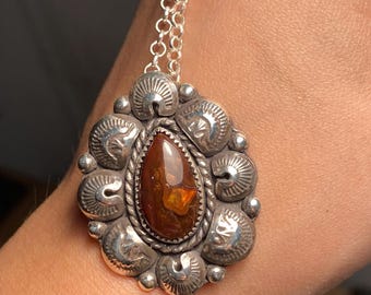 Mexican Fire Agate and Sterling Silver Pendant on 18” Rolo Chain