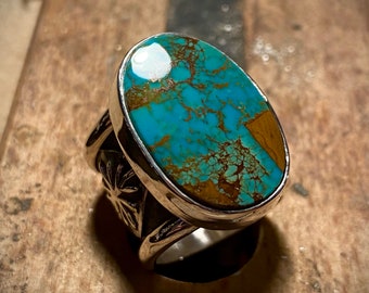 Heavy/Chunky Pilot Mountain Turquoise and Sterling Silver Ring - 7.5