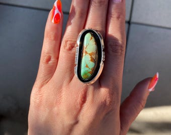 Large Polychrome Royston turquoise and Thick Sterling Silver Saw-cut Shadowbox Ring *made to size*