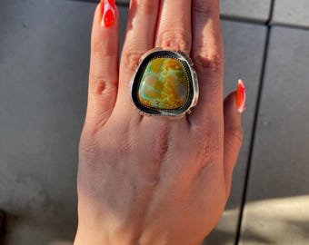 Kingman Gold turquoise and Thick Sterling Silver Saw-cut Shadowbox Ring *made to size*
