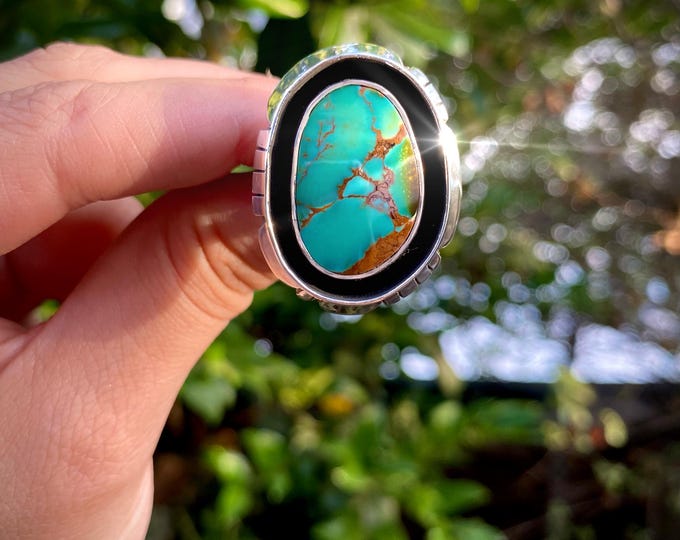 Featured listing image: Pilot Mountain Turquoise and Sterling Silver Saw-Cut Border Ring - 6.5