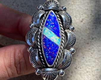 Intarsia Synthetic Opal and Sterling Silver Ring - 6.25