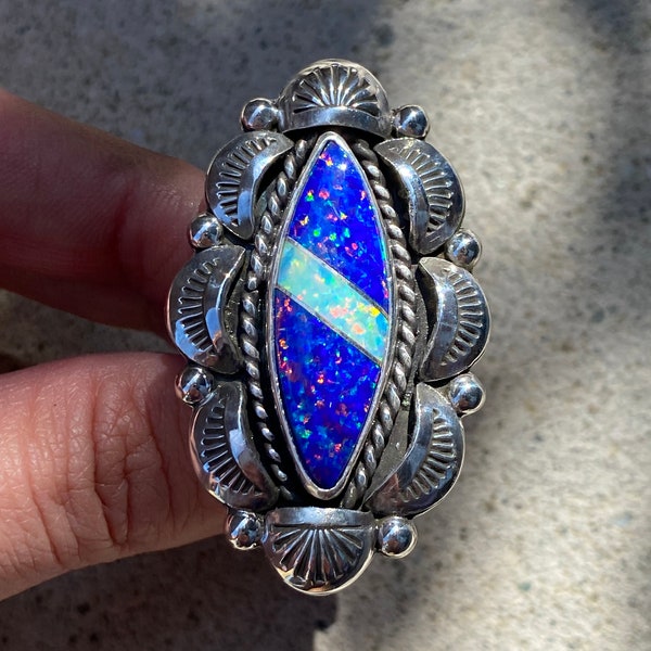 Intarsia Synthetic Opal and Sterling Silver Ring - 6.25