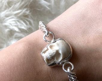 Sterling Silver Antique Albert Chain and Antler-Carved Skull