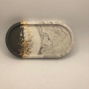 Handmade Jesmonite Oval Tray - Grey & Grey Marble with gold leaf detail