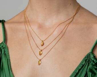Layered Ball Chain Necklace, Three Strand Leaf Charm