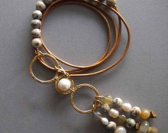 Collier long de pierres précieuses, collier de lariat de mélange de Jasper, collier d'enveloppe, collier de perle de Boho en cuir, pierre précieuse un d'un genre//cadeau pour elle