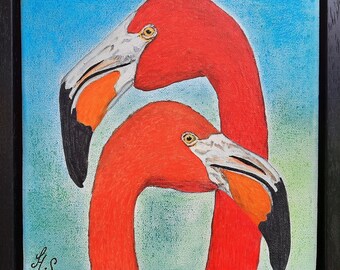 Flamants roses, technique mixte sur toile, 22,5 x 22,5 cm sous cadre noir, 2023, prêts à accrocher.