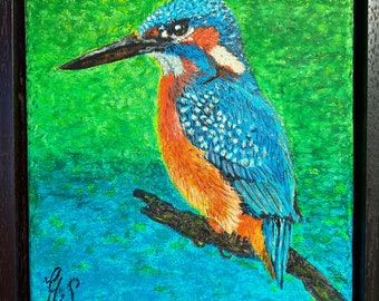 ijsvogel, oliepastel schilderij in baklijst, 22.5x22.5 cm,2023