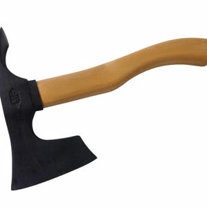 May include: A black axe with a curved blade and a wooden handle. The axe head has a hook on the top. The handle is light brown and curved for grip. The axe is designed for chopping and splitting wood.
