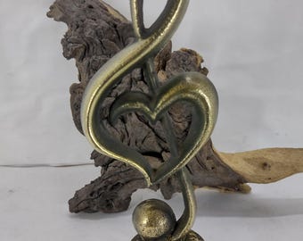 Patina Brass G Clef Heart Figurine: Handmade Music Decor