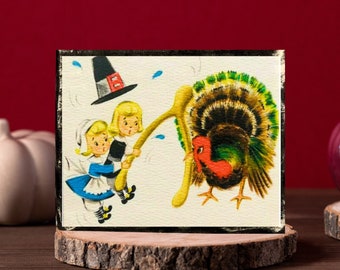 Thanksgiving Turkey Decor Wood Block Sign, Kitschy Shelf Sitter
