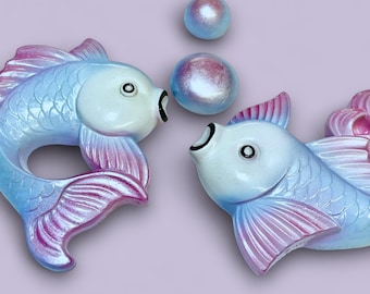 Juego de placas de pared de yeso vintage con forma de pez: decoración náutica kitsch