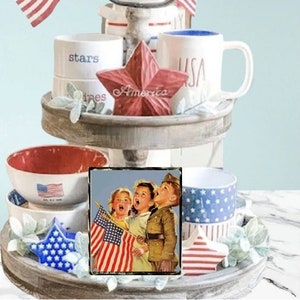 Memorial Day Decor, Wood Block Americana Sign, Red White & Blue Tiered Tray Decor, Vintage 4th of July Decor, Farmhouse Patriotic Decor