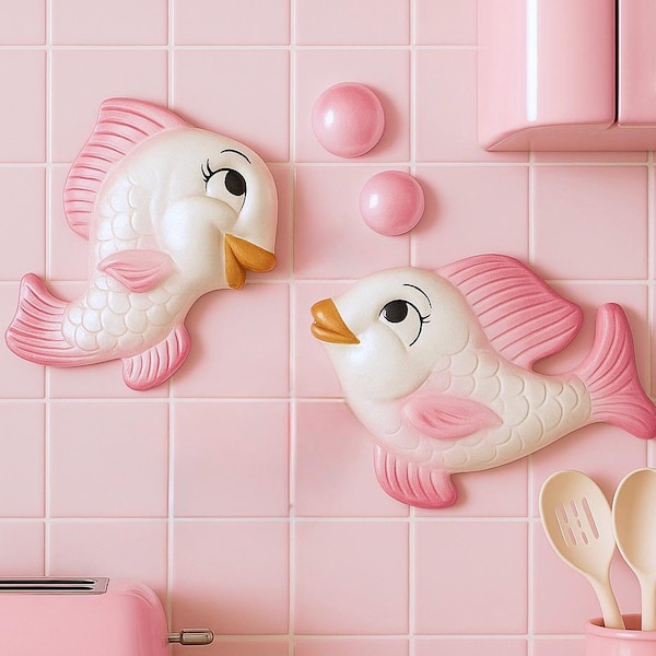 Pink Chalkware Fish Wall Plaques: Retro Kitsch Bathroom Decor