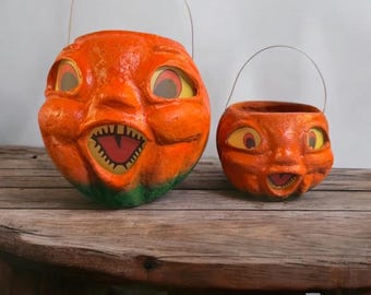 Vintage Halloween Jack O Lantern Candy Pail Decor: Handmade Paper Mache Pulp Reproduction