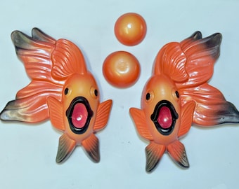 Vintage Style Chalkware Koi Fish Wall Plaques, Retro Beach or Nursery Wall Decor