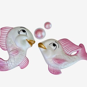 Pink Chalkware Fish Wall Plaques: Retro Kitsch Bathroom Decor image 2