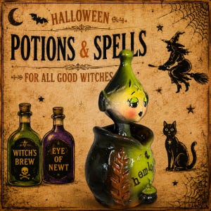 May include: A ceramic figurine of a green-skinned creature with a pointed head emerging from a dark green cauldron. The cauldron features a textured leaf design and the word hemlock written in black script on its rounded exterior surface.