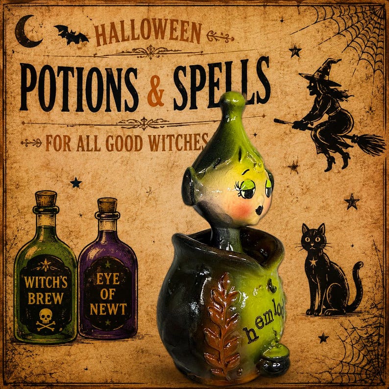 May include: A ceramic figurine of a green-skinned creature with a pointed head emerging from a dark green cauldron. The cauldron features a textured leaf design and the word hemlock written in black script on its rounded exterior surface.