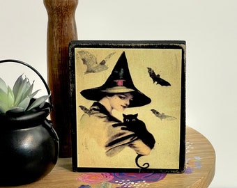 Vintage Insp Halloween Sign with Victorian Witch & Cat