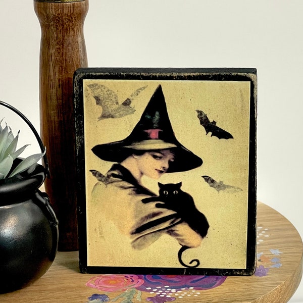 Handmade Vintage Halloween Decoration, Vintage Witch & Cat Tiered Tray Decor, Antique Victorian Halloween, Halloween Shelf Sitter Decor