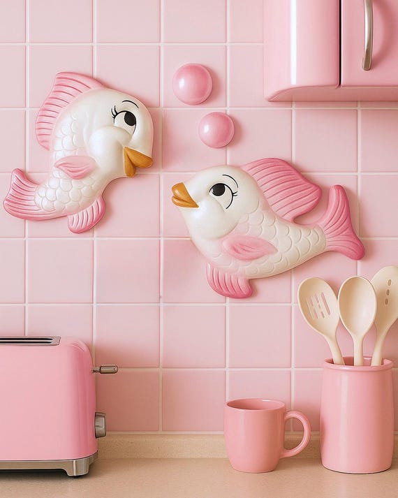 Pink Chalkware Fish Wall Plaques: Retro Kitsch Bathroom Decor