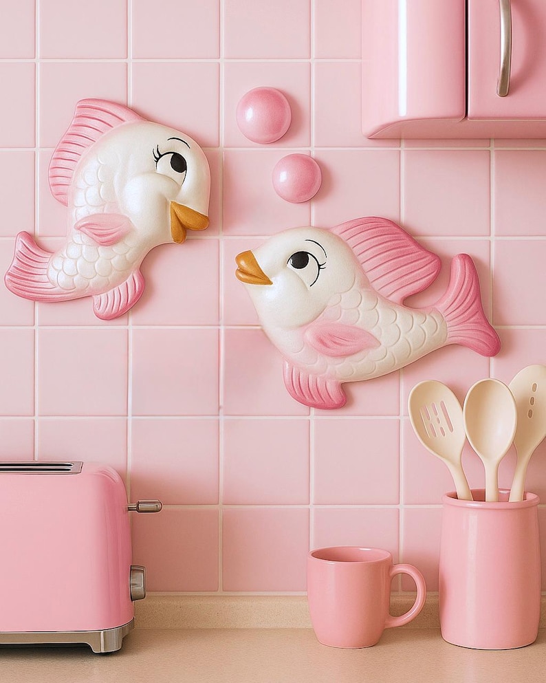 Pink Chalkware Fish Wall Plaques: Retro Kitsch Bathroom Decor image 1