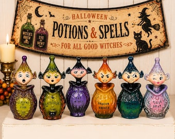Pixieware Halloween Witch Potion Jar Figurine-- Vintage Holt Howard Style Pixie Decor
