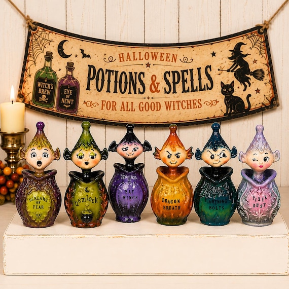 Pixieware Halloween Witch Potion Jar Figurine-- Vintage Holt Howard Style Pixie Decor