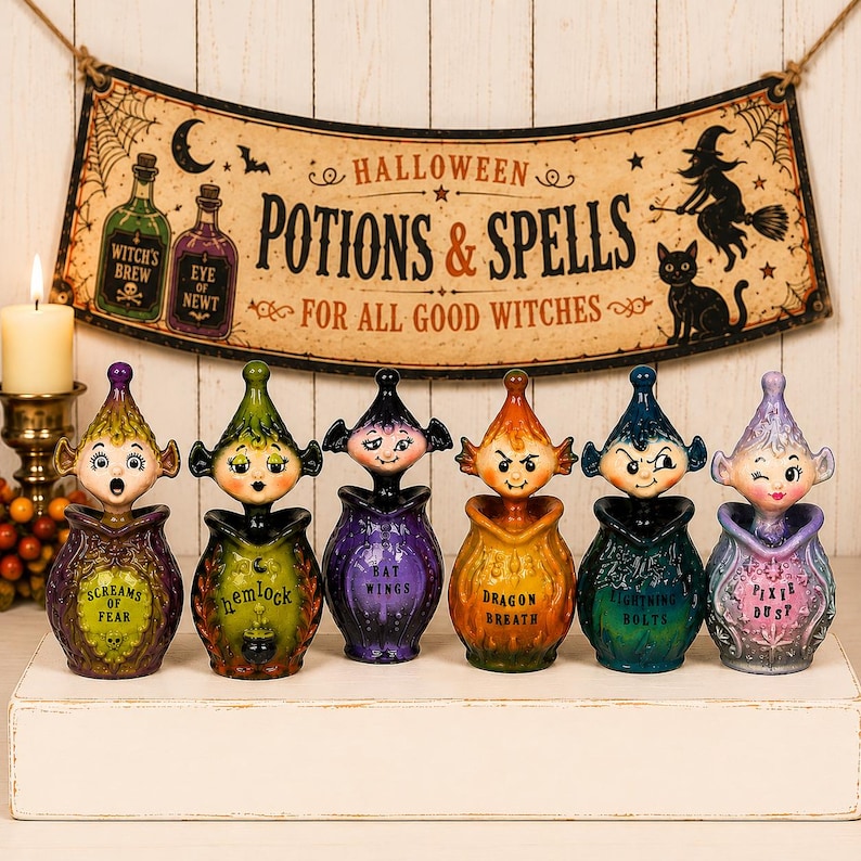May include: Six decorative ceramic potion bottles with whimsical character stoppers, each labeled with names like Screams of Fear, Hemlock, Bat Wings, Dragon Breath, Lightning Bolts, and Pixie Dust, displayed beneath a Halloween Potions & Spells sign.