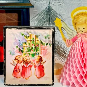 1950s Pastel Pink Angels Christmas Shelf Decor Wood Sign/ Shelf Sitter
