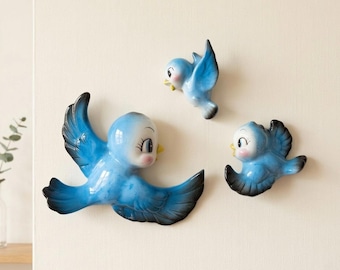 Lefton Style Bluebird Wall Plaques, Anthropomorphic Vintage Mid Century Decor