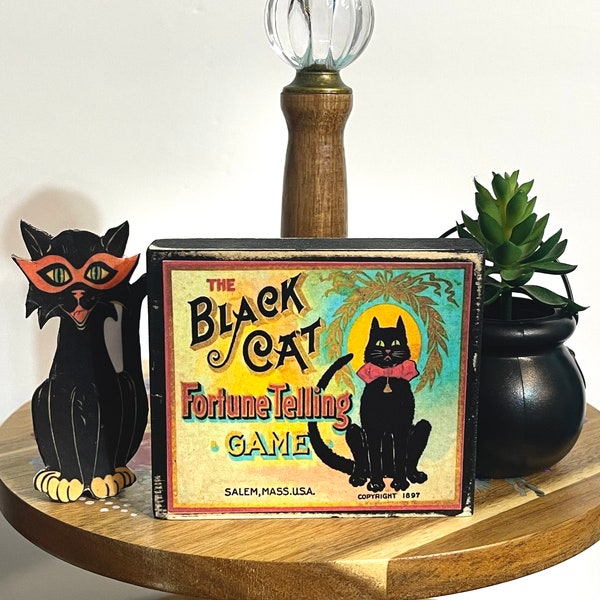 Vintage Halloween Black Cat Decorations, Black Cat Halloween Decor, Retro Antique Halloween Black Cat Table Decor, Tiered Tray Decor