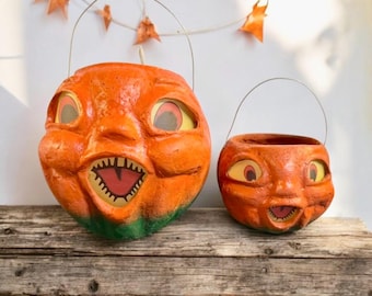 Vintage Style Paper Mache Choir Pumpkin Candy Bucket Lanterns – Handmade Halloween Decor