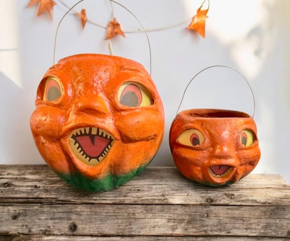 Vintage Style Paper Mache Choir Pumpkin Candy Bucket Lanterns – Handmade Halloween Decor