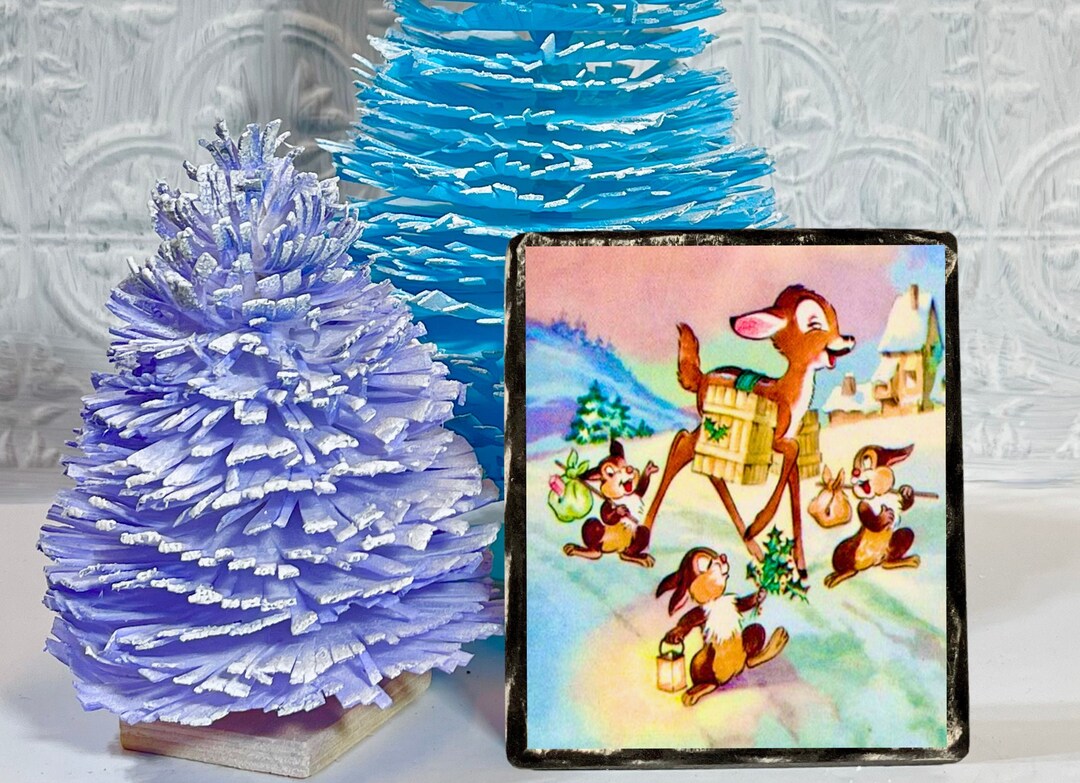 Bambi & Bunny Christmas Deer Winter Art Wood Block Sign/ Shelf Sitter ...