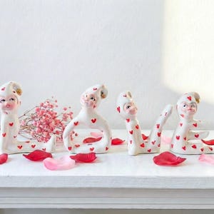 Vintage Holt Howard Insp Valentines Day Pixie Figurine Set-- 50's Style Kitschy Valentine Decor